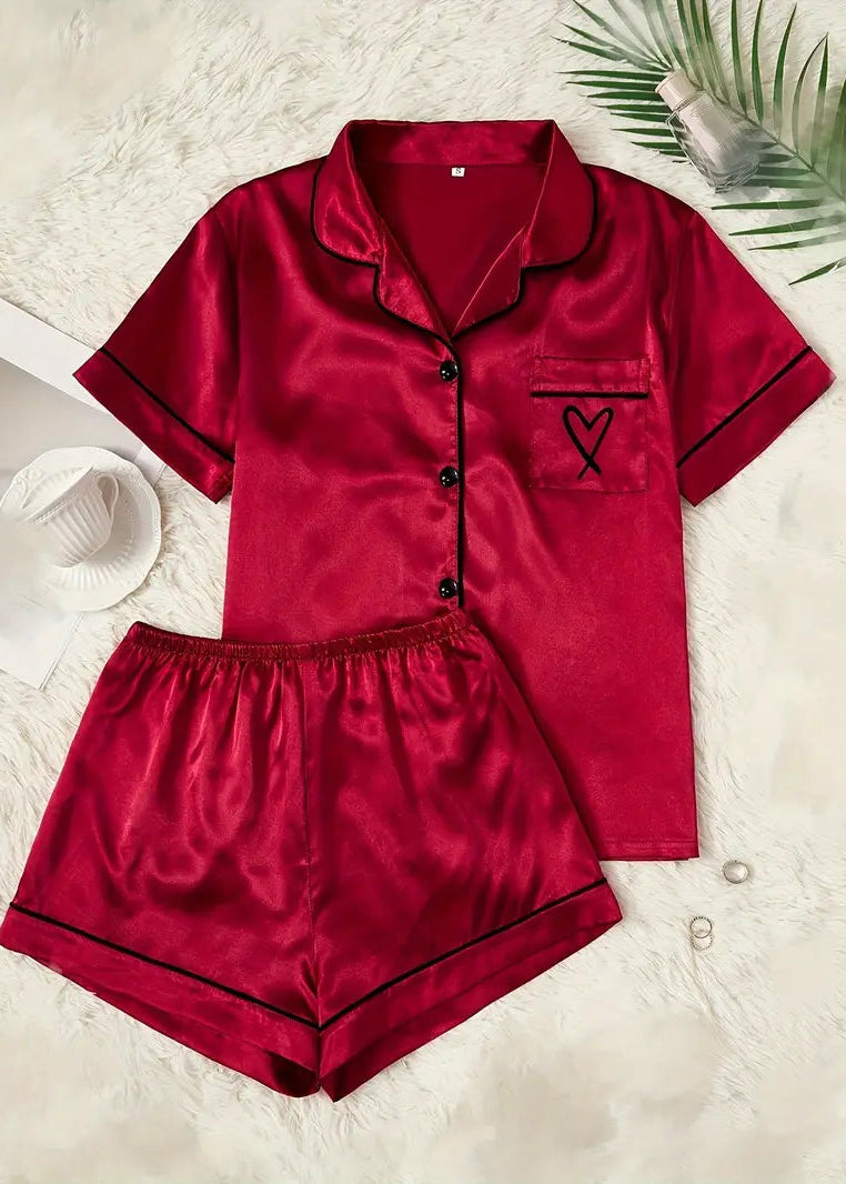 Online Only! Satin Button Down Shorty Pj Set With Heart Detail