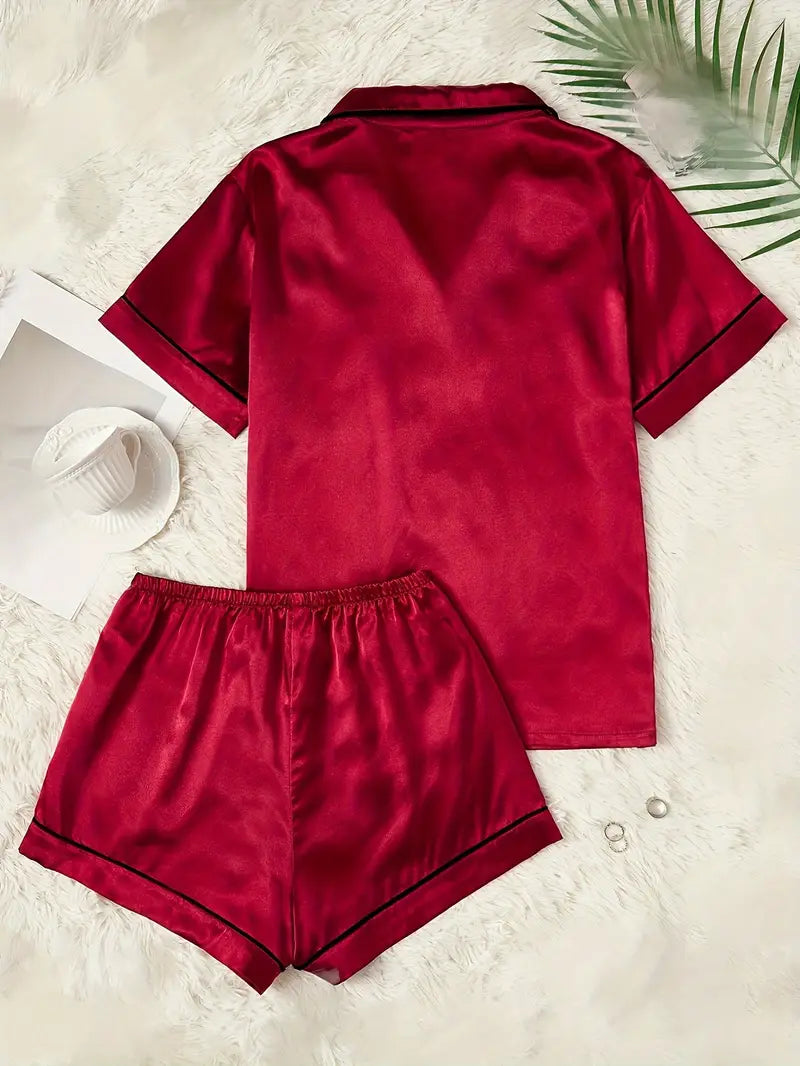 Online Only! Satin Button Down Shorty Pj Set With Heart Detail