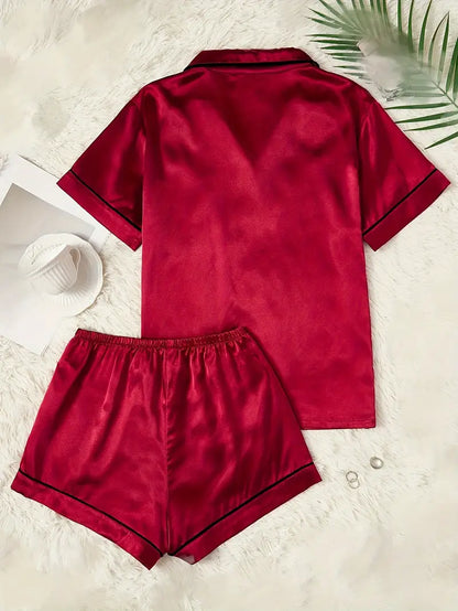 Online Only! Satin Button Down Shorty Pj Set With Heart Detail